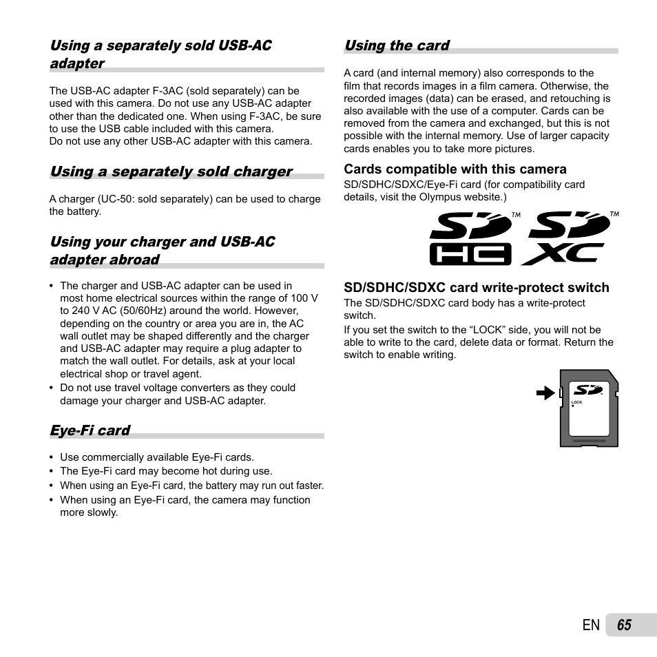 65 en, Using a separately sold usb-ac adapter, Using a separately sold charger | Using your charger and usb-ac adapter abroad, Eye-fi card, Using the card | Olympus TG-820 User Manual | Page 65 / 83