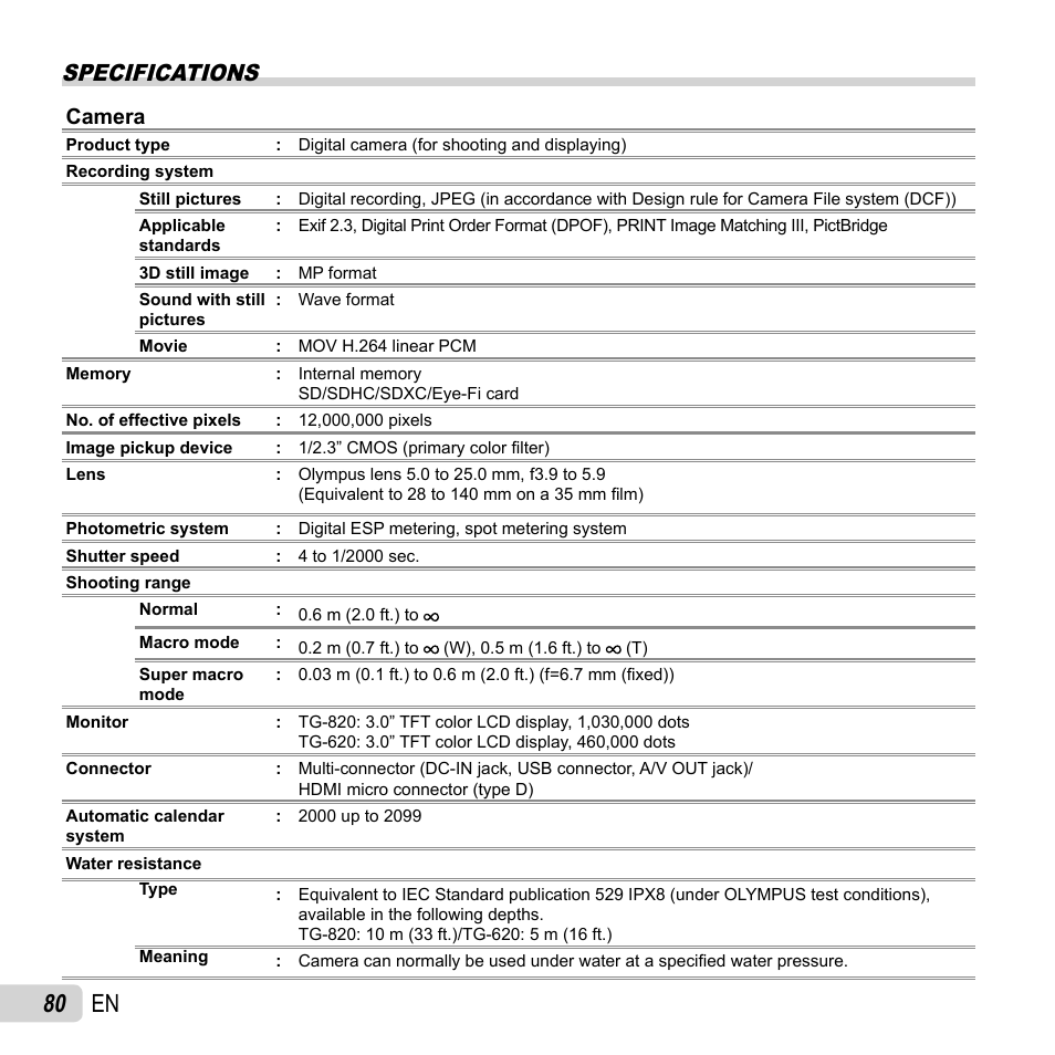 80 en, Specifications, Camera | Olympus TG-820 User Manual | Page 80 / 83