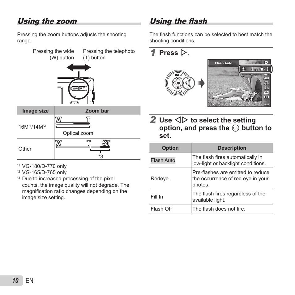 Using the zoom, Using the fl ash, 10 en | Press i | Olympus VG-180 User Manual | Page 10 / 65