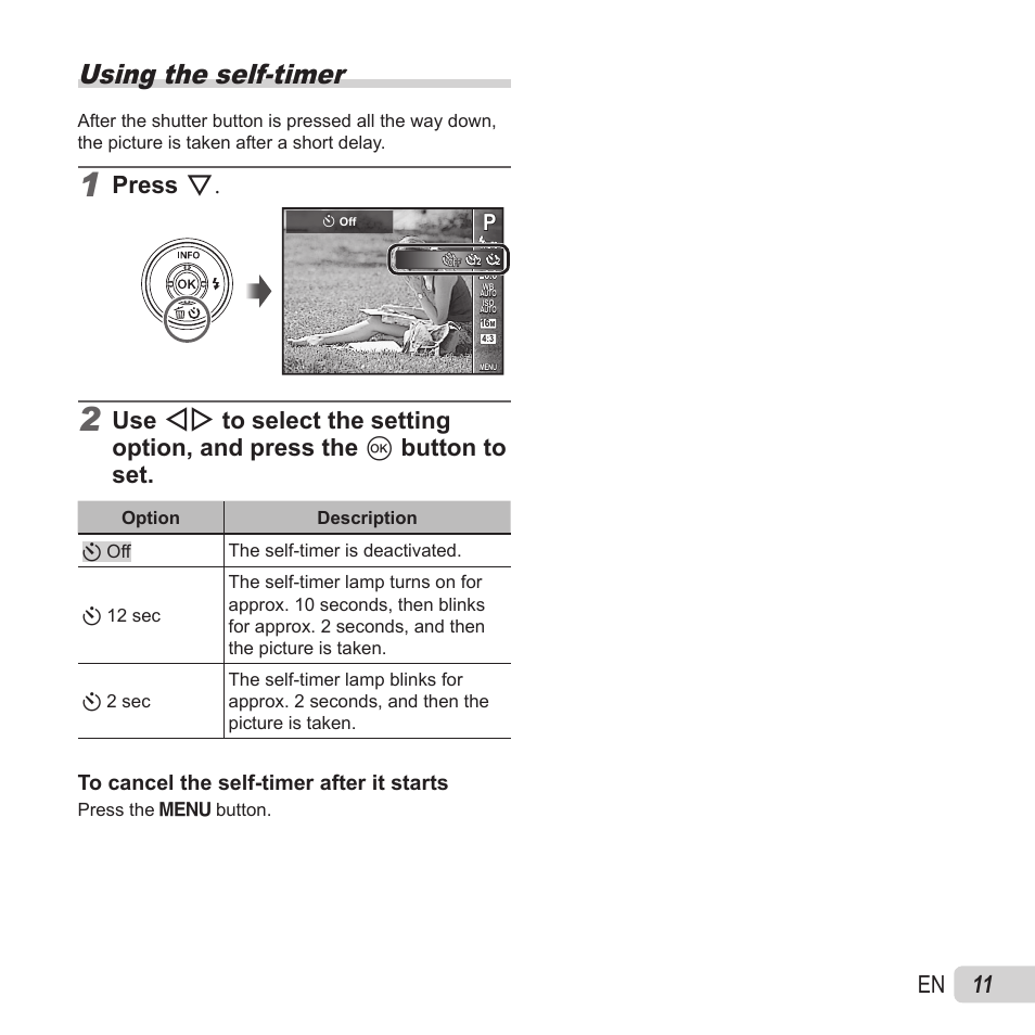 Using the self-timer, 11 en, Press g | Olympus VG-180 User Manual | Page 11 / 65