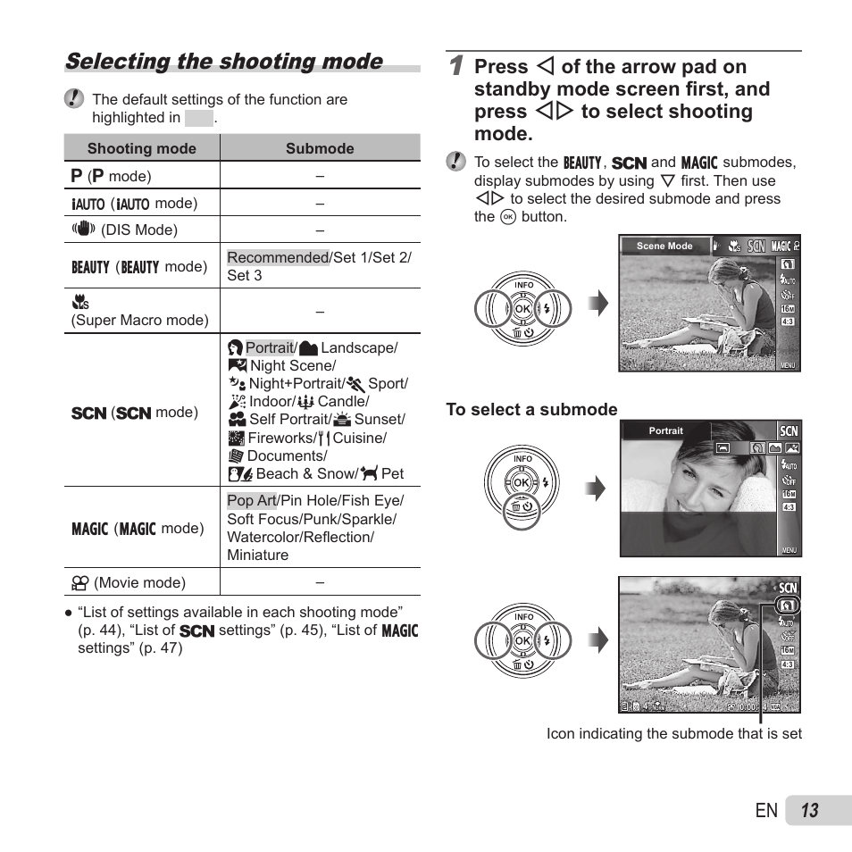 Selecting the shooting mode, 13 en | Olympus VG-180 User Manual | Page 13 / 65