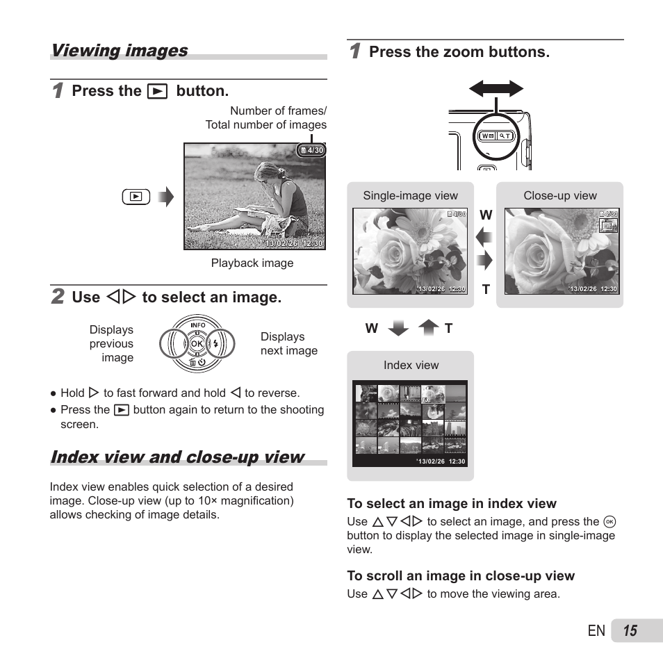 Playback, Viewing images, Index view and close-up view | 15 en, Press the q button, Use hi to select an image, Press the zoom buttons | Olympus VG-180 User Manual | Page 15 / 65