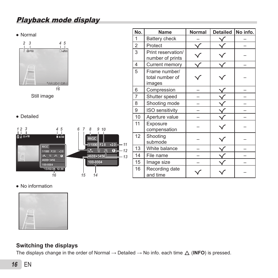 Playback mode display, 16 en, Switching the displays | Olympus VG-180 User Manual | Page 16 / 65