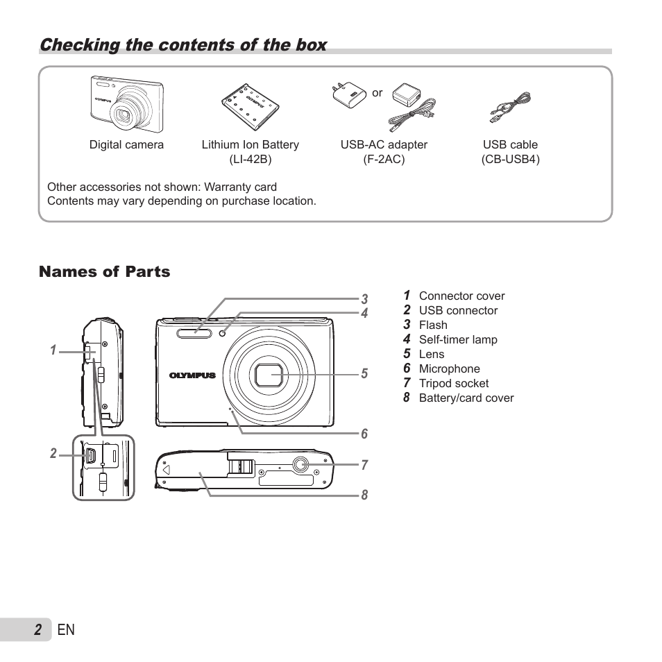 Preparing the camera, Checking the contents of the box, 2 en | Names of parts | Olympus VG-180 User Manual | Page 2 / 65