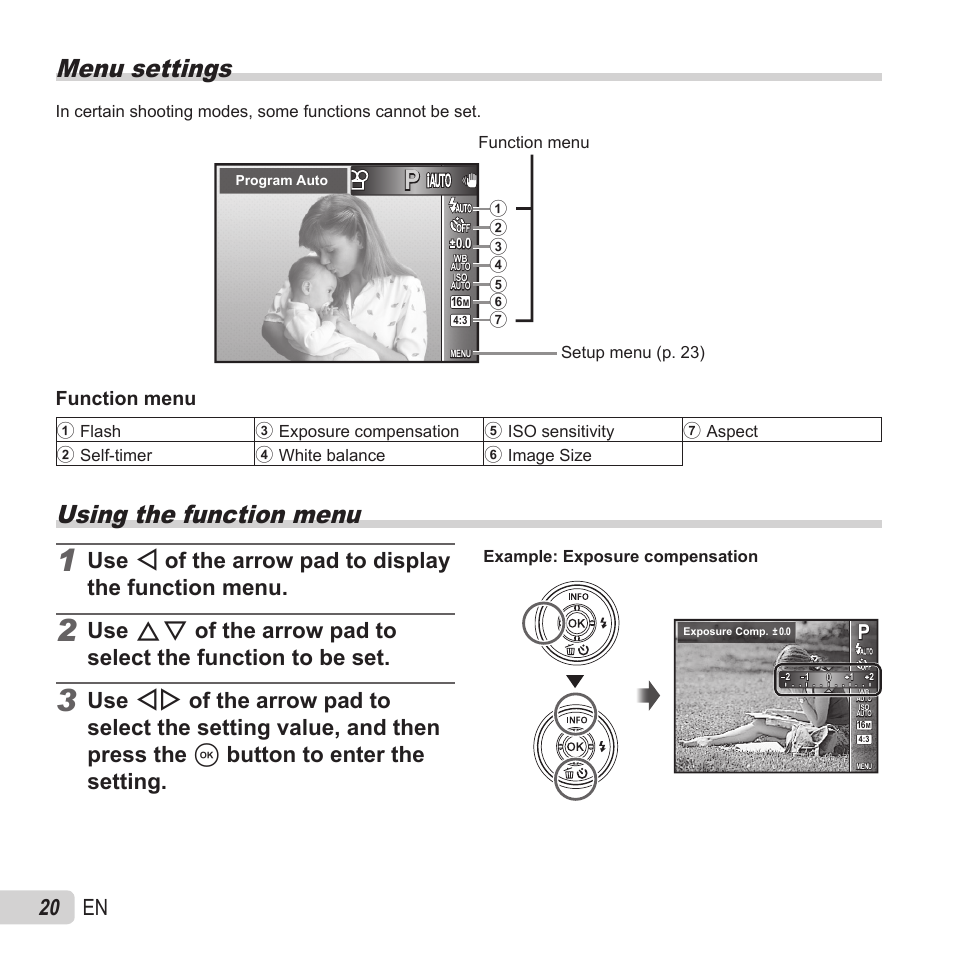 Menu settings, Using the function menu, 20 en | Function menu | Olympus VG-180 User Manual | Page 20 / 65
