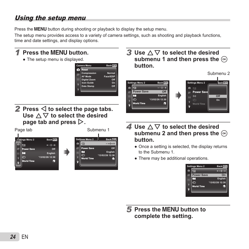Using the setup menu, 24 en, Press the  button to complete the setting | Press the  button | Olympus VG-180 User Manual | Page 24 / 65
