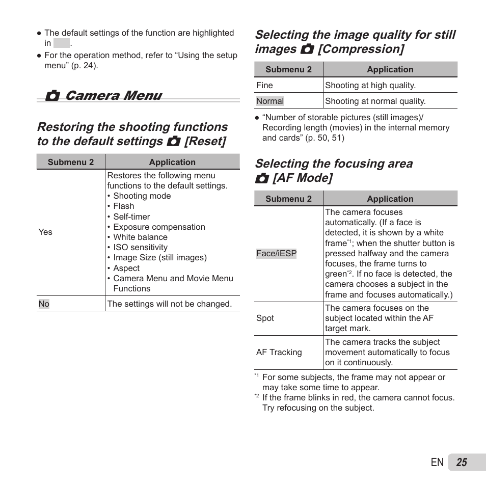 Zcamera menu, 25 en | Olympus VG-180 User Manual | Page 25 / 65