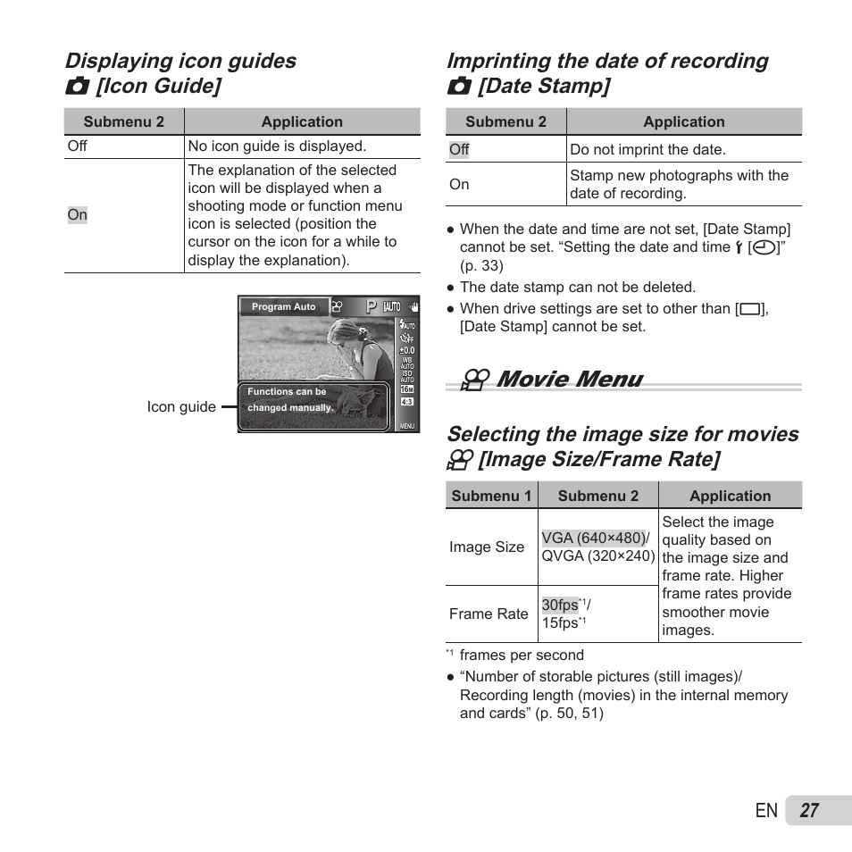 A movie menu, 27 en | Olympus VG-180 User Manual | Page 27 / 65