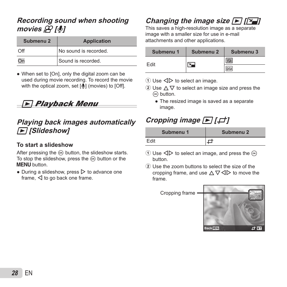 Q playback menu, Playing back images automatically, Changing the image size | Changing the image size q q [ [ q q, Cropping image, Cropping image q q [ [ p p, 28 en | Olympus VG-180 User Manual | Page 28 / 65