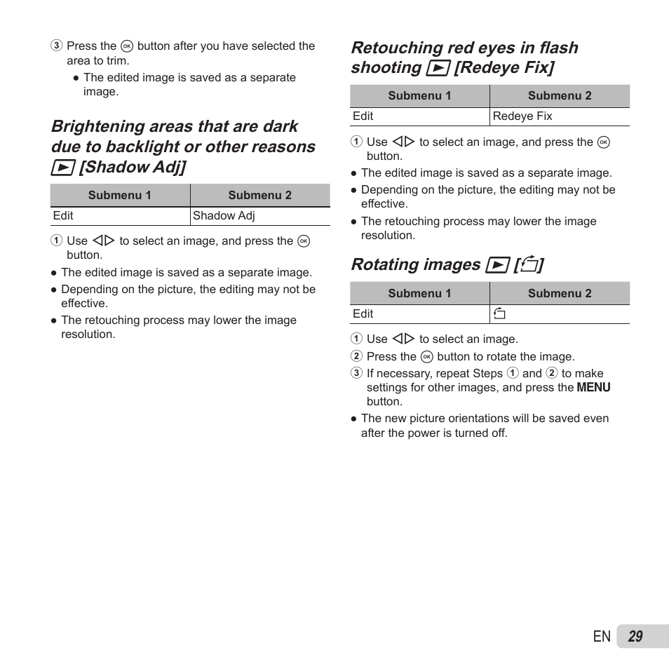 Rotating images, Rotating images q q [ [ y y, 29 en | Olympus VG-180 User Manual | Page 29 / 65