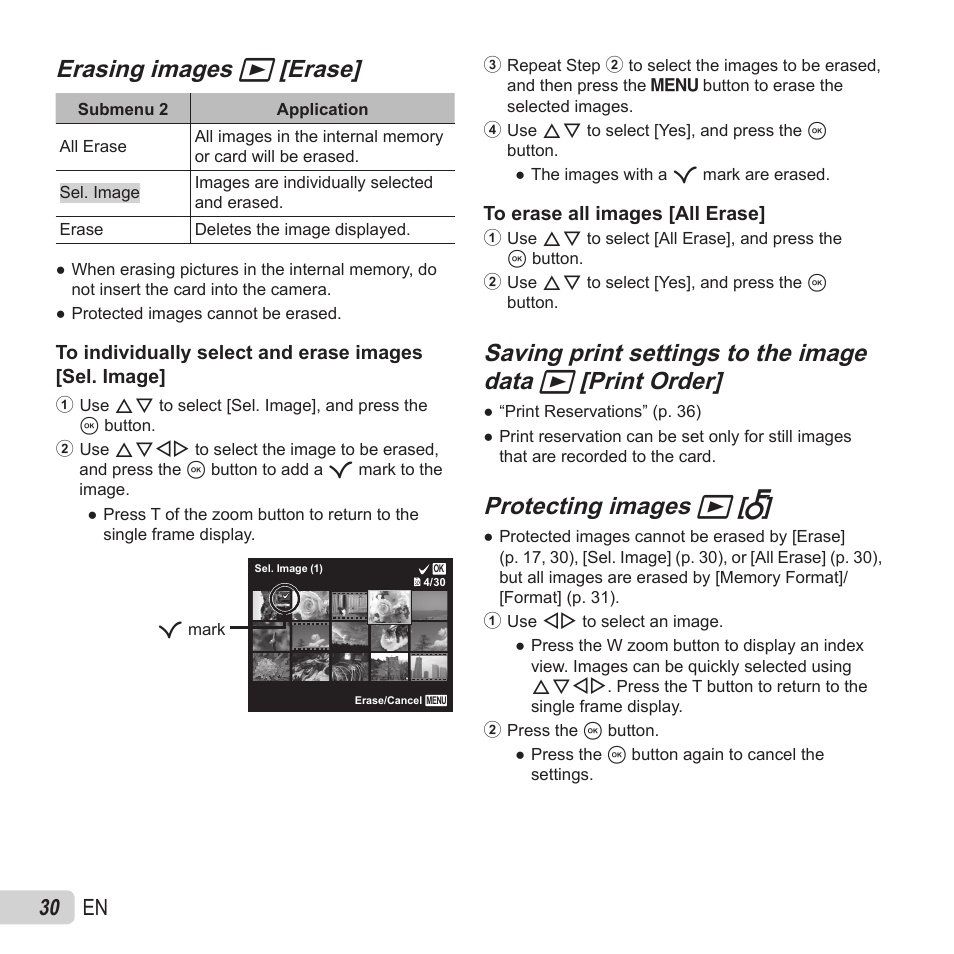Erasing images, Erasing images q q [erase] [erase, Protecting images | Protecting images q q [ [ r r, 30 en | Olympus VG-180 User Manual | Page 30 / 65