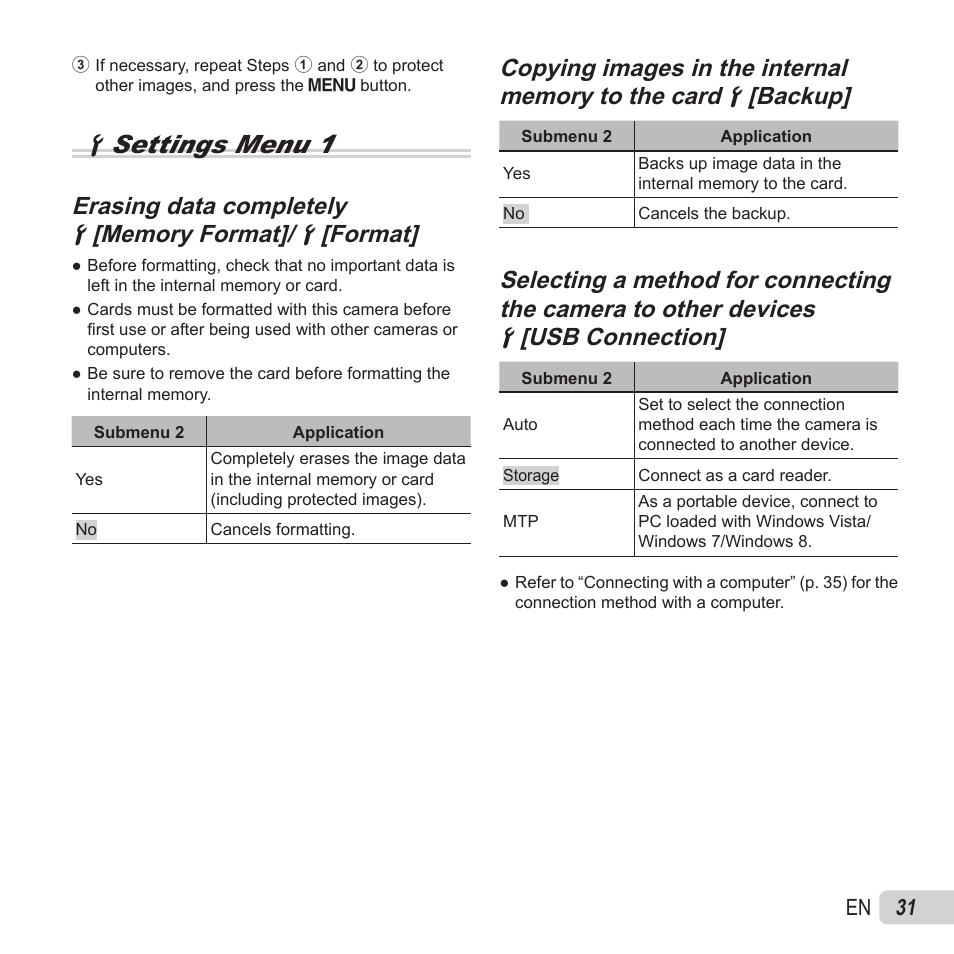 Dsettings menu 1, Erasing data completely | Olympus VG-180 User Manual | Page 31 / 65