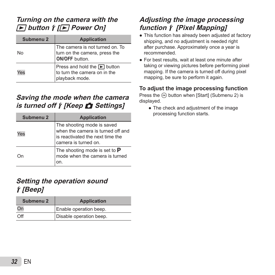 Turning on the camera with the, Setting the operation sound, Setting the operation sound dd [beep] [beep | Olympus VG-180 User Manual | Page 32 / 65