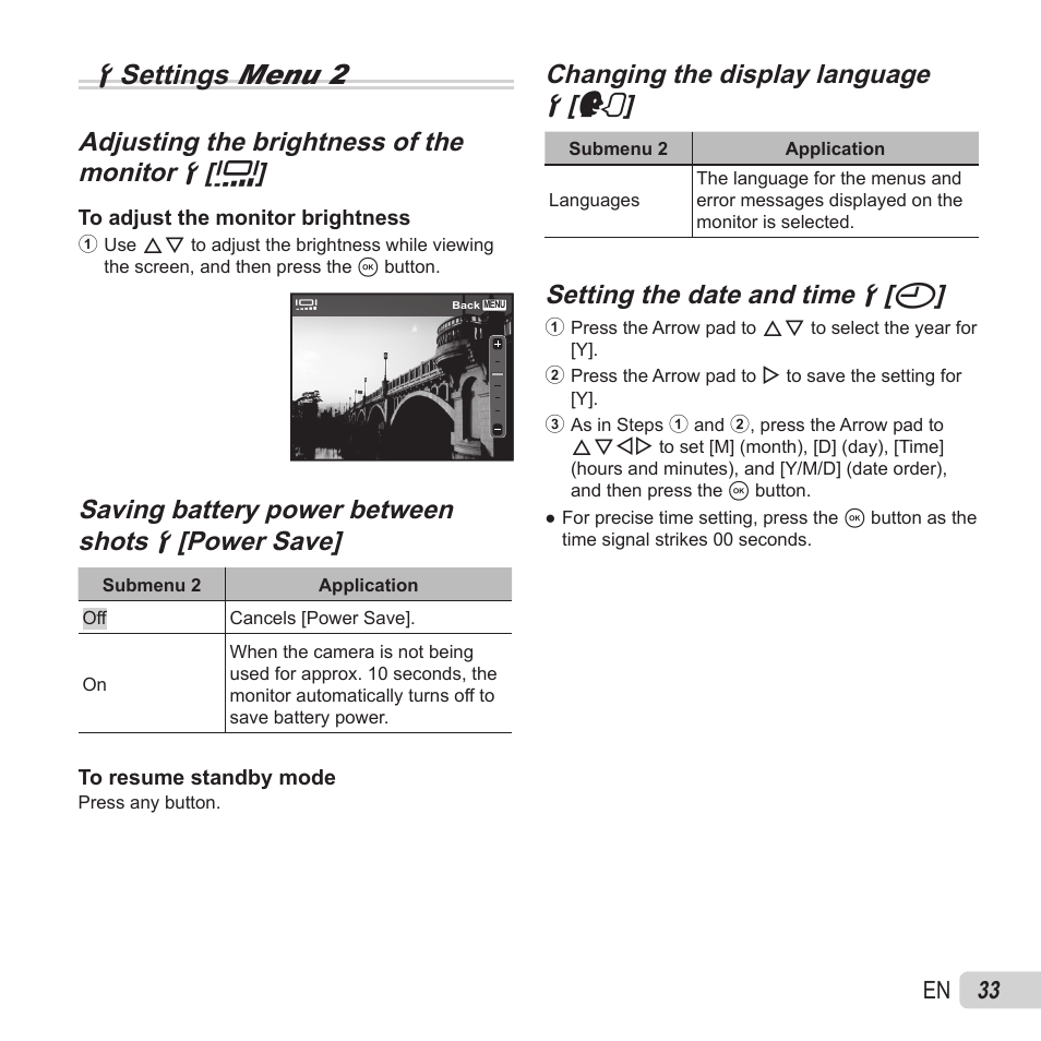 D settings menu 2, Changing the display language, Changing the display language dd [ [ l l | Setting the date and time, Setting the date and time dd [ [ x x | Olympus VG-180 User Manual | Page 33 / 65