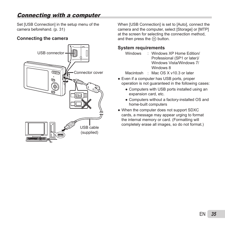 Connecting with a computer, 35 en | Olympus VG-180 User Manual | Page 35 / 65