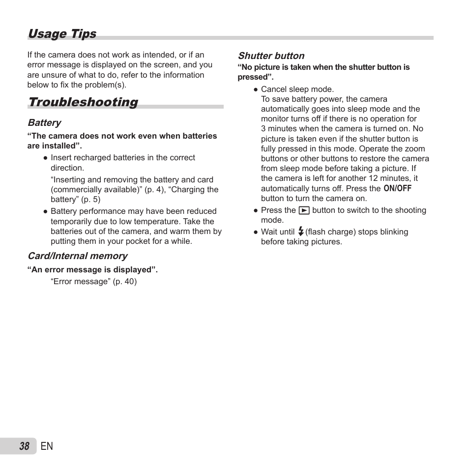 Usage tips, Troubleshooting, 38 en | Olympus VG-180 User Manual | Page 38 / 65