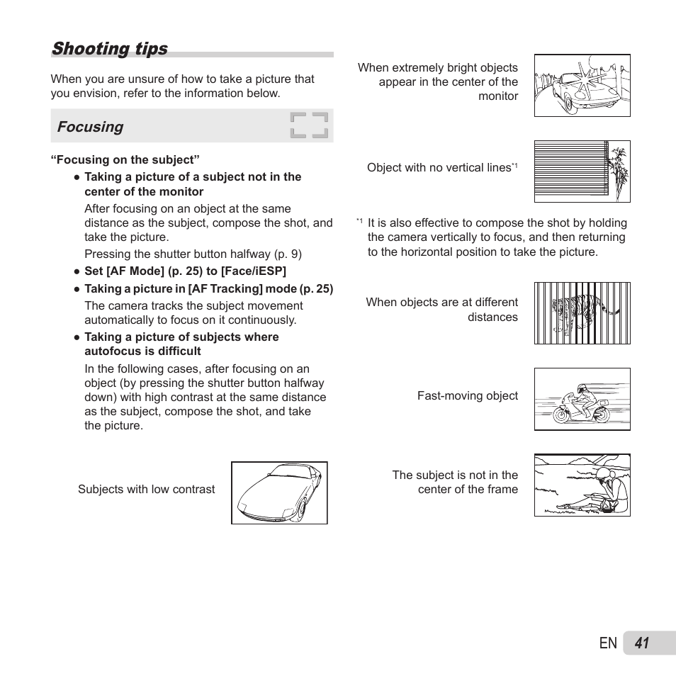 Shooting tips, 41 en, Focusing | Olympus VG-180 User Manual | Page 41 / 65