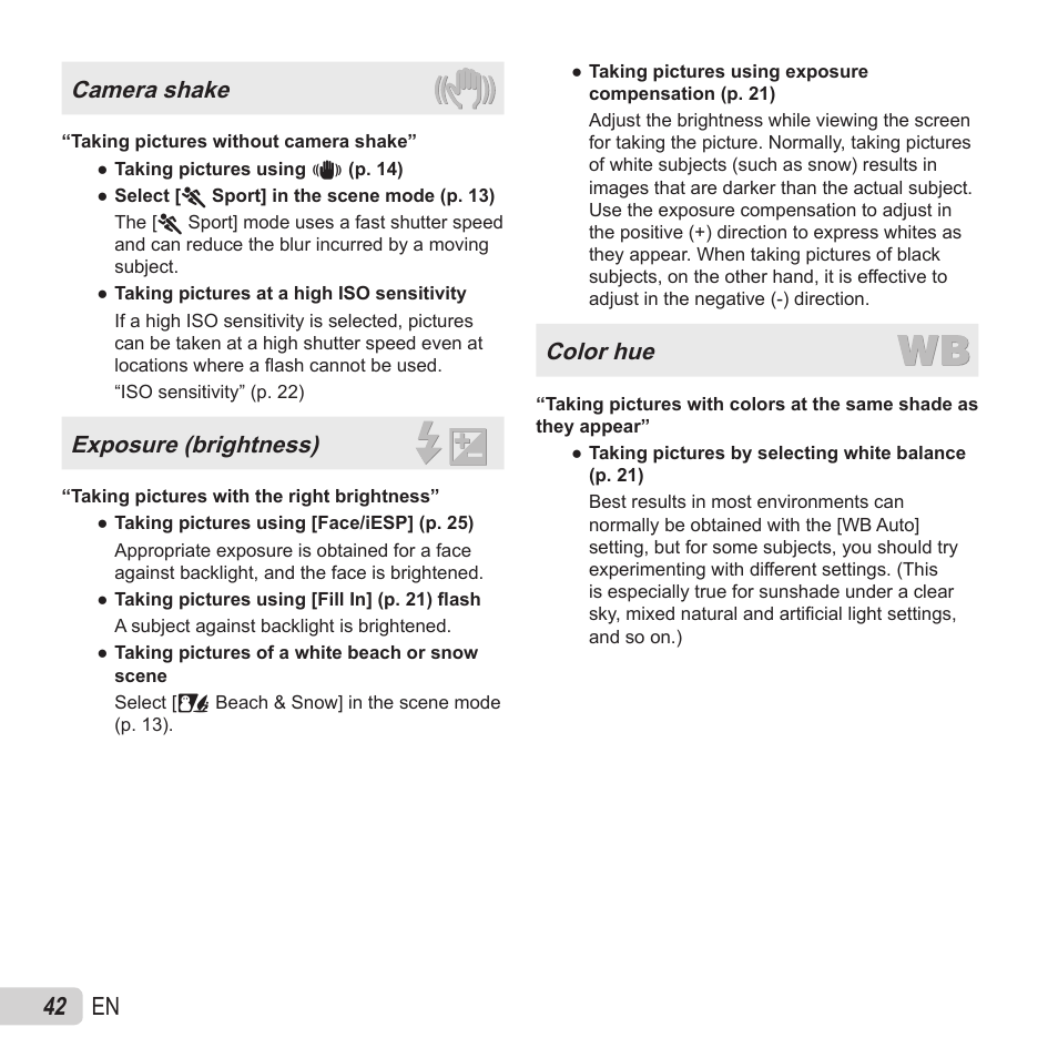42 en, Camera shake, Exposure (brightness) | Color hue | Olympus VG-180 User Manual | Page 42 / 65