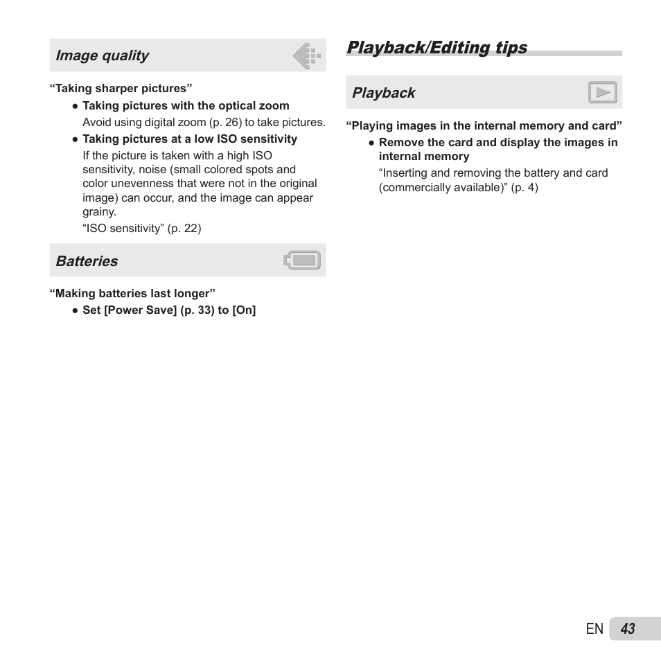 Playback/editing tips, 43 en | Olympus VG-180 User Manual | Page 43 / 65