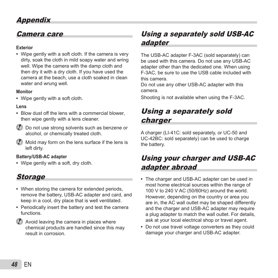 Appendix, Appendix camera care, Storage | Using a separately sold usb-ac adapter, Using a separately sold charger, Using your charger and usb-ac adapter abroad, 48 en | Olympus VG-180 User Manual | Page 48 / 65