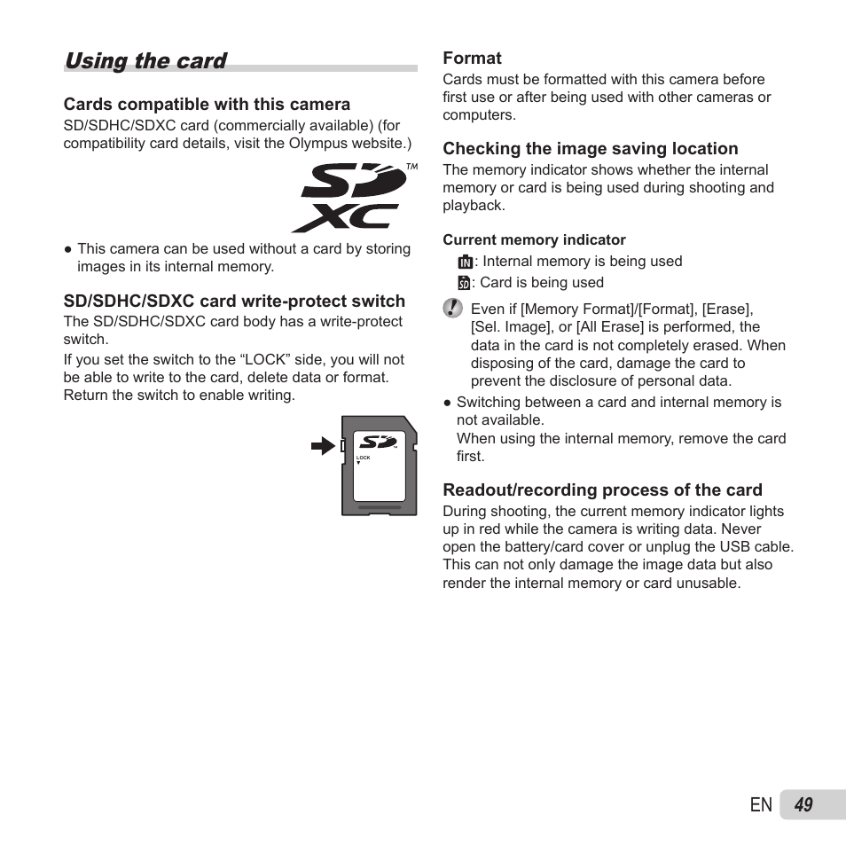 Using the card, 49 en | Olympus VG-180 User Manual | Page 49 / 65
