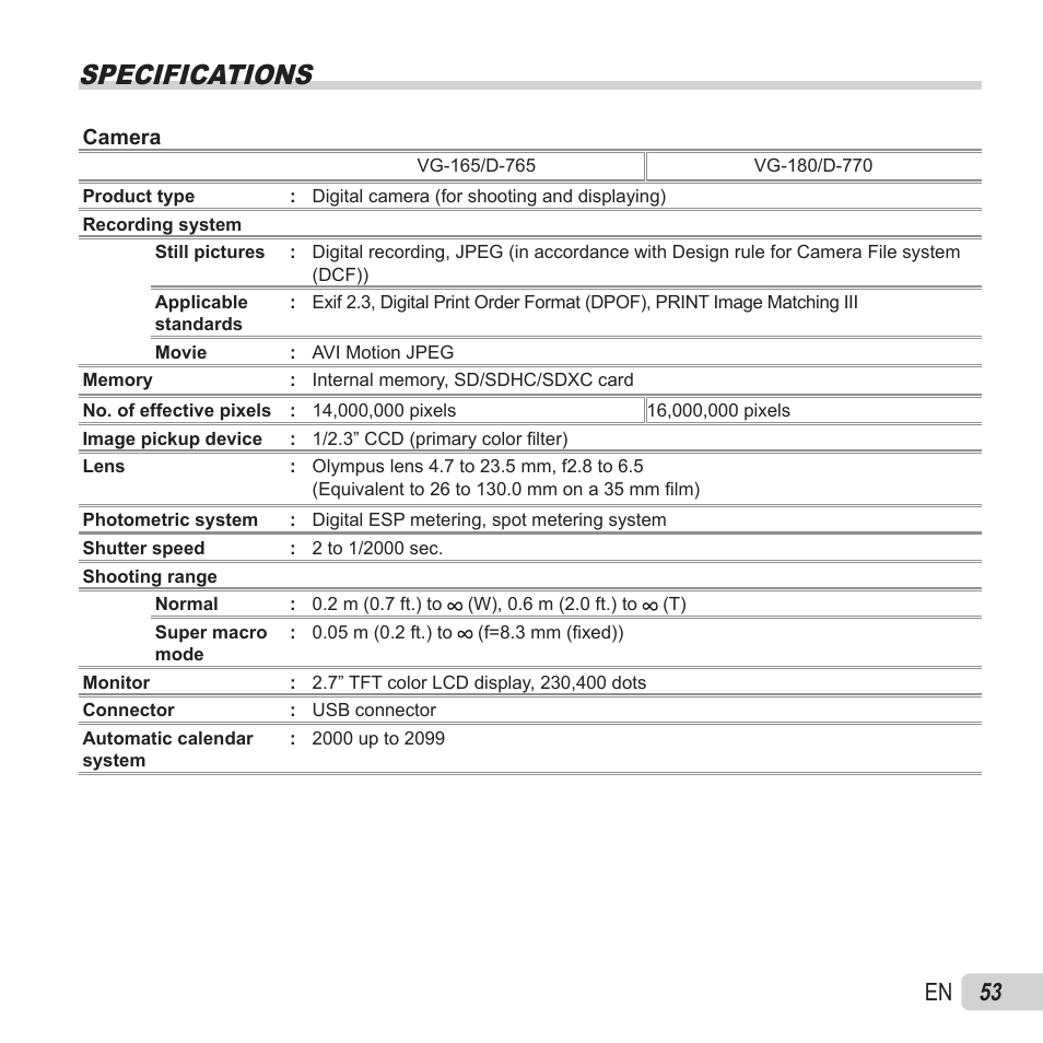 Specifications, 53 en | Olympus VG-180 User Manual | Page 53 / 65