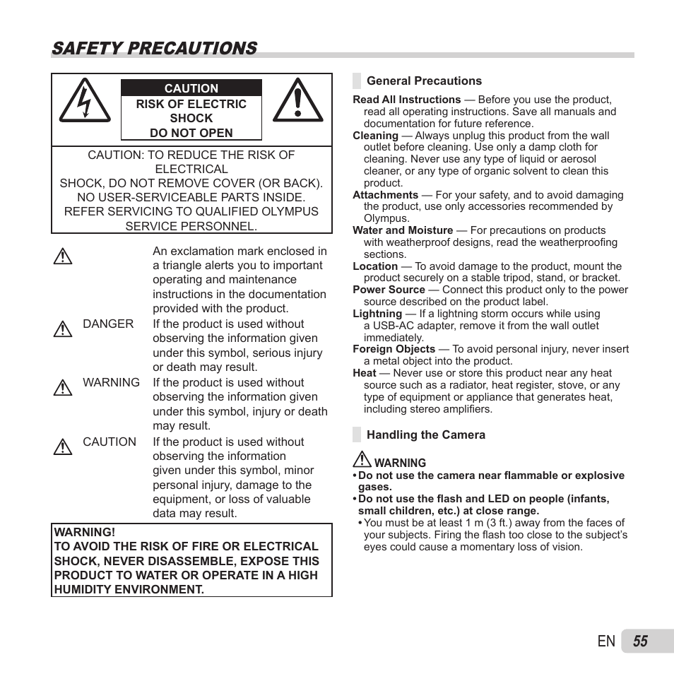 Safety precautions, 55 en | Olympus VG-180 User Manual | Page 55 / 65