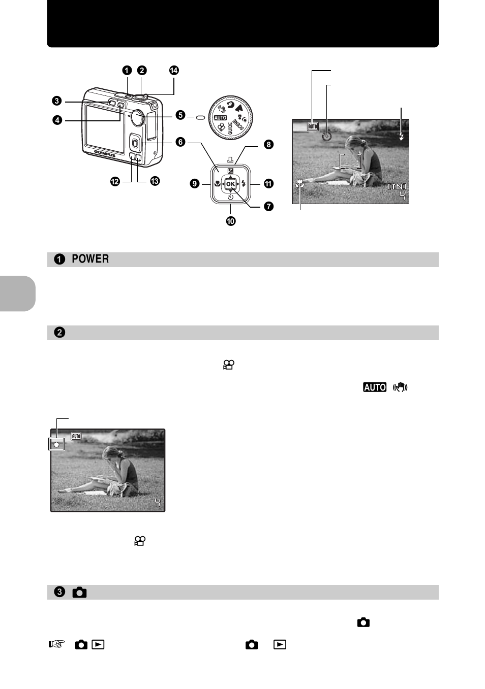 Button operations, Turning the camera on and off, Shooting pictures/movies | Selecting shooting mode/turning the camera on, P. 10, But to n o perat io ns | Olympus FE-270 User Manual | Page 10 / 61