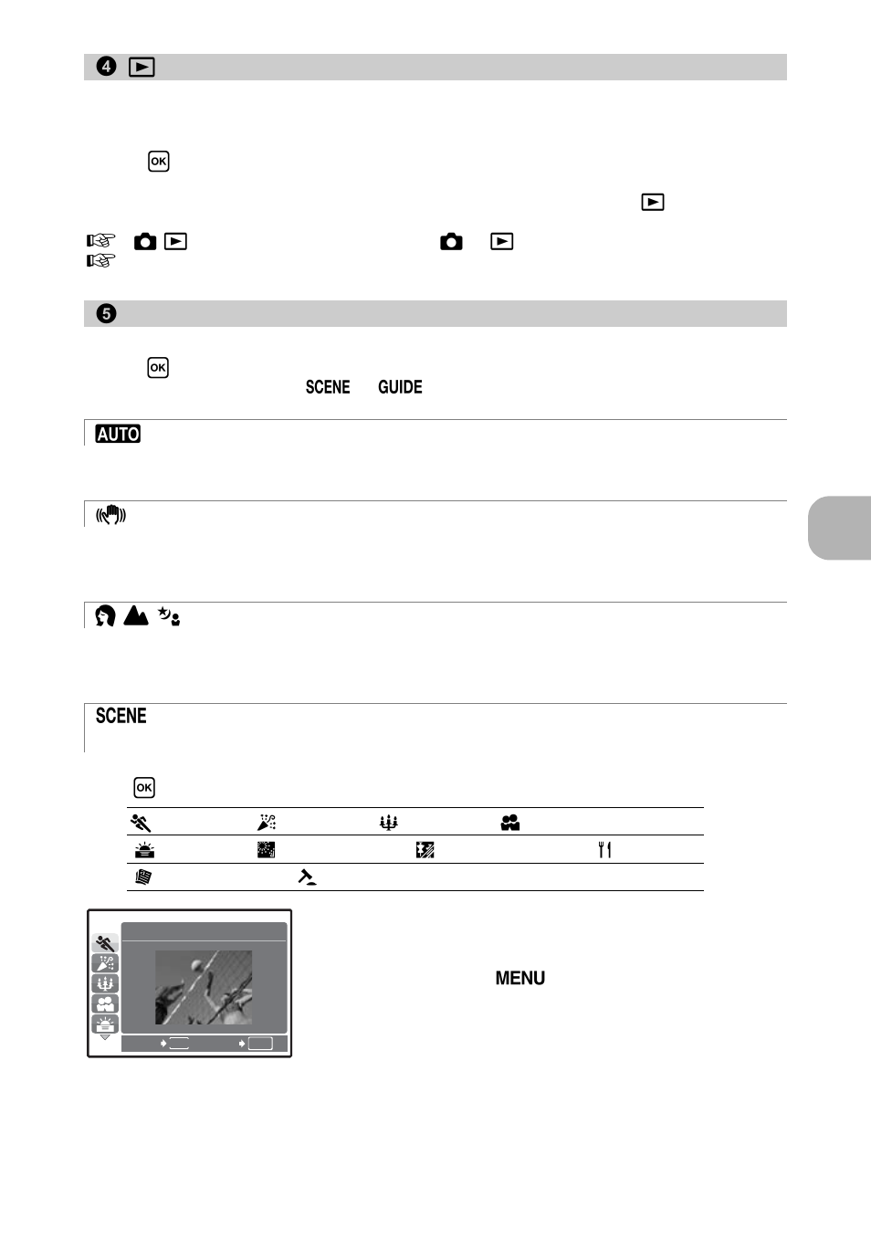 Selecting playback mode/turning the camera on, Switching shooting modes, Shooting pictures with automatic settings | Shooting pictures according to the situation, Butt on op erati on s | Olympus FE-270 User Manual | Page 11 / 61