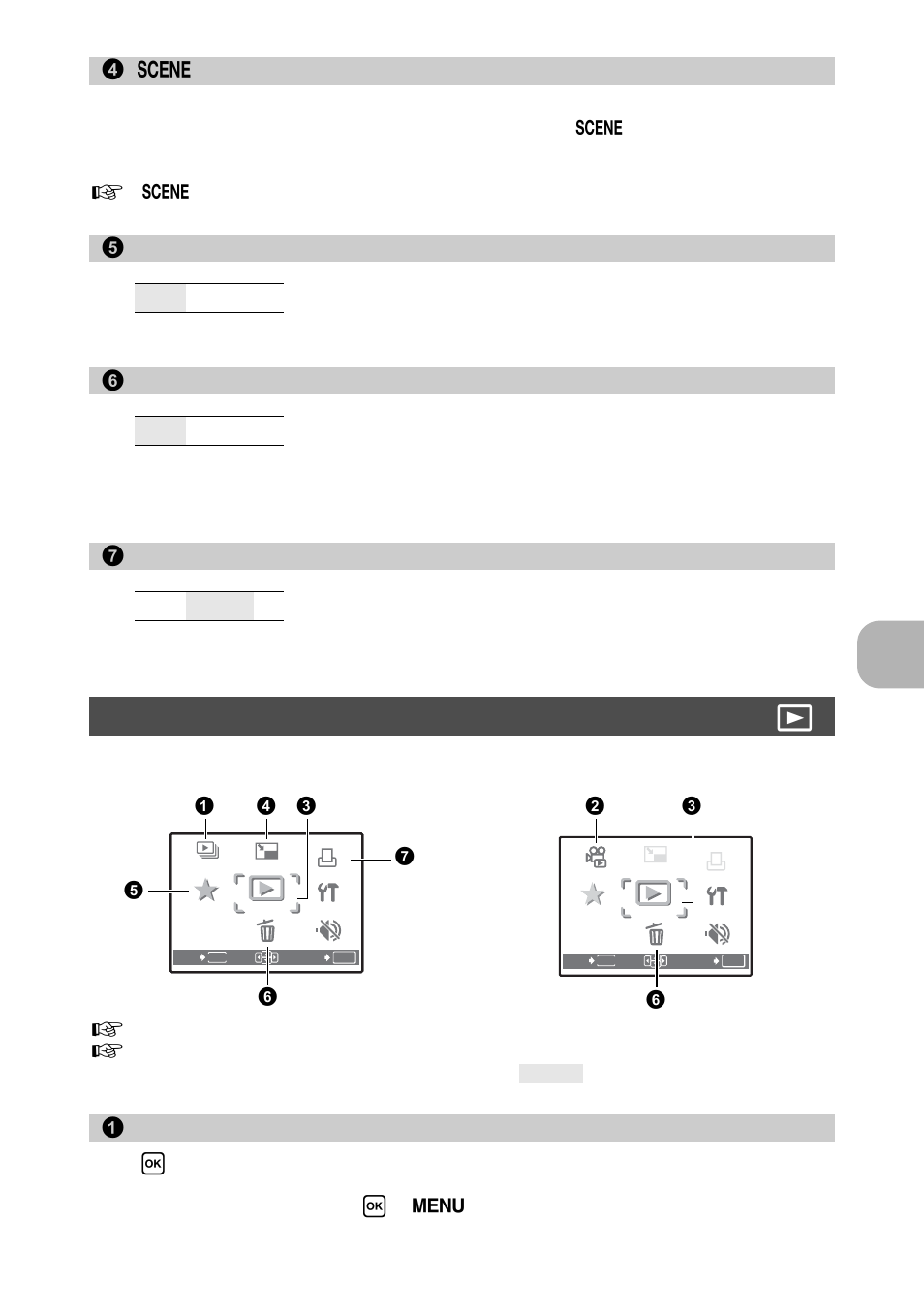 Muting operational sounds, Recording sound with still pictures, Recording movies with or without sound | Playback mode menu, Playing back pictures automatically, P. 19, Playback mode menu q, Me nu opera tions, F (scene), Silent mode | Olympus FE-270 User Manual | Page 19 / 61