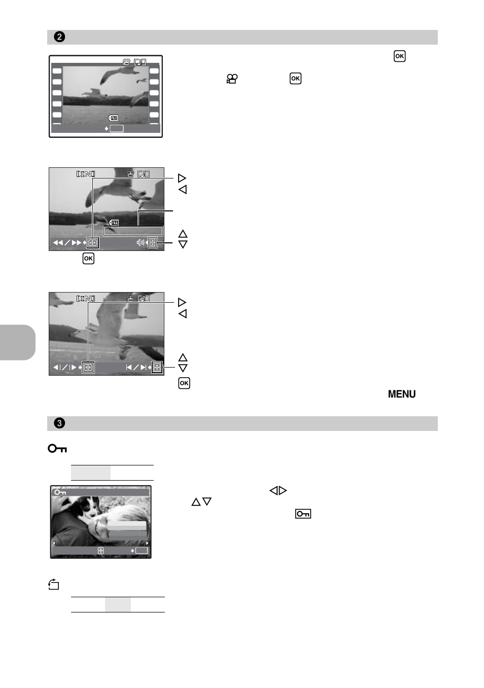 Playing back movies, Playback menu, Protecting pictures | Rotating pictures, Menu ope rati ons, Movie play, Playback menu 0 | Olympus FE-270 User Manual | Page 20 / 61