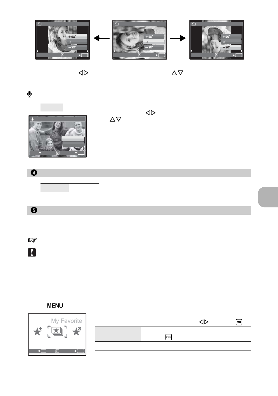 Adding sound to still pictures, Changing the size of pictures, Viewing and registering pictures in my favorite | Viewing registered pictures, Me nu opera tions, Resize, My favorite, View favorite | Olympus FE-270 User Manual | Page 21 / 61