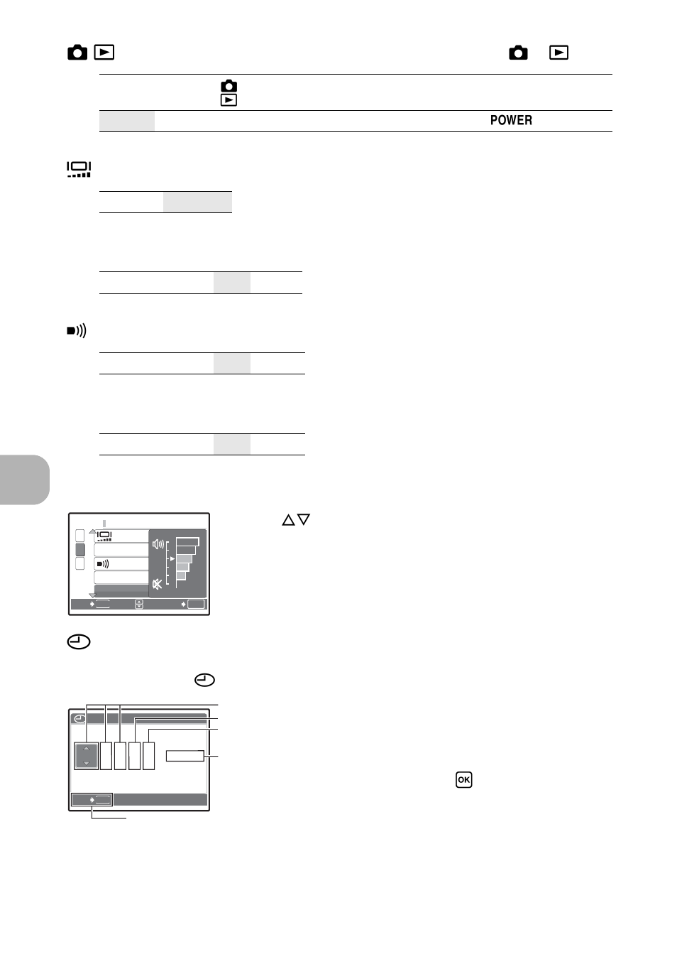 Adjusting the monitor brightness, Adjusting the volume of camera warning sound, Adjusting the volume of the shutter button | Adjusting the volume during playback, Setting the date and time, Menu ope rati ons, K / q, Beep, Shutter sound, Volume | Olympus FE-270 User Manual | Page 24 / 61