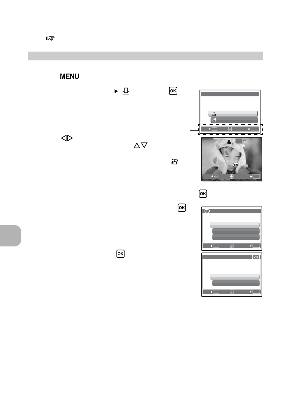 Single-frame reservation, Pri nti ng pi ct ures, Select [print order] [ < ], and press h | When you finish making print reservations, press h, Select the date and time setting, and press h | Olympus FE-270 User Manual | Page 30 / 61