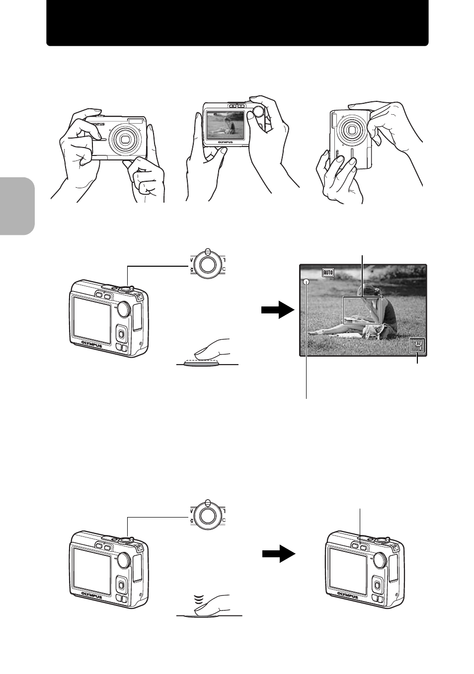 Take a picture, A. hold the camera. c. shoot, B. focus | Qu ic k s ta rt gu id e | Olympus FE-270 User Manual | Page 8 / 61