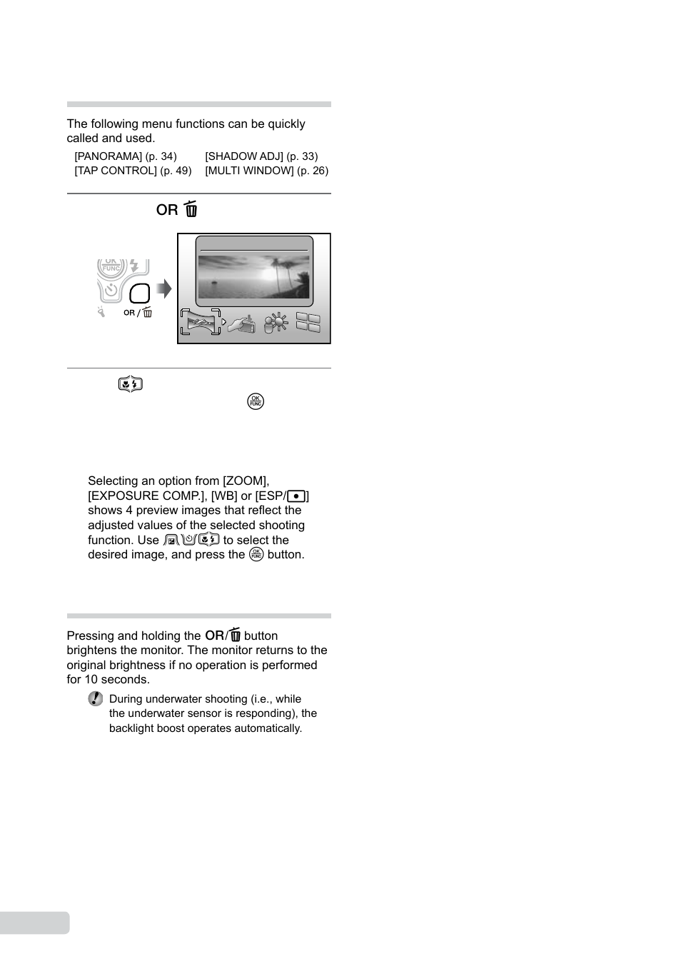 Quickly calling and using shooting functions, Brightening the monitor | Olympus µ TOUGH-8000 User Manual | Page 26 / 82