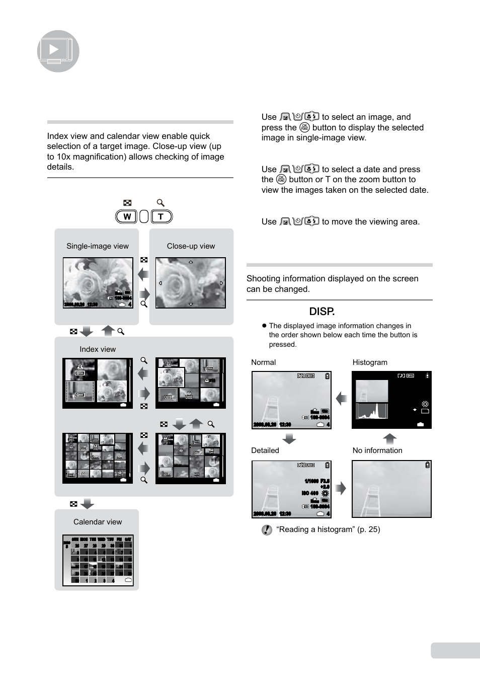 Using playback features, Index view, calendar view, and close-up view, Changing the image information display | Press the g button, Press the zoom button, Use efgh to move the viewing area, Index view single-image view close-up view, Calendar view | Olympus µ TOUGH-8000 User Manual | Page 27 / 82