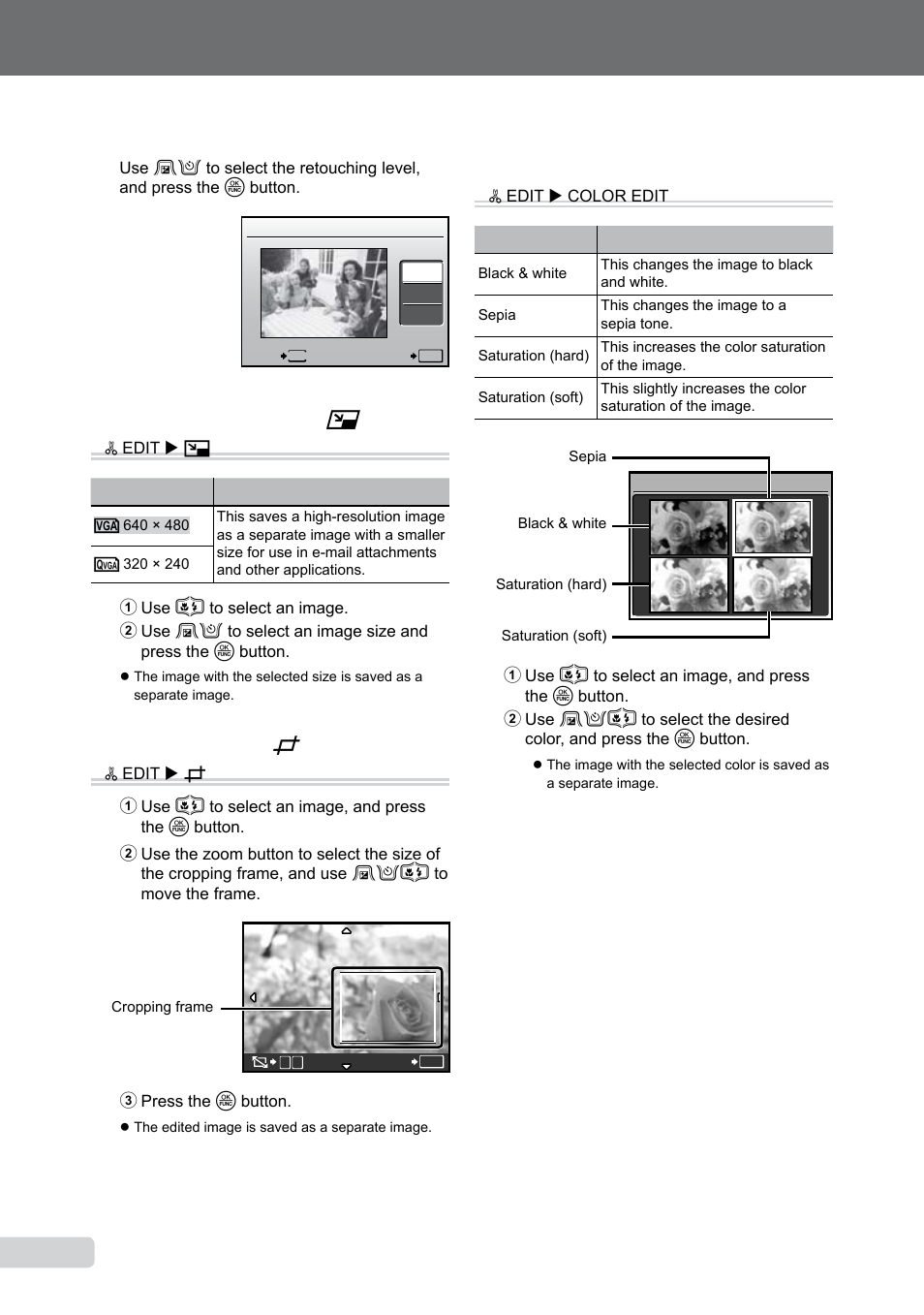Changing the image size, Cropping a picture, Changing the color tone of image | Changing the image size [ q, Cropping a picture [ p, Changing the color tone of image [color edit | Olympus µ TOUGH-8000 User Manual | Page 38 / 82