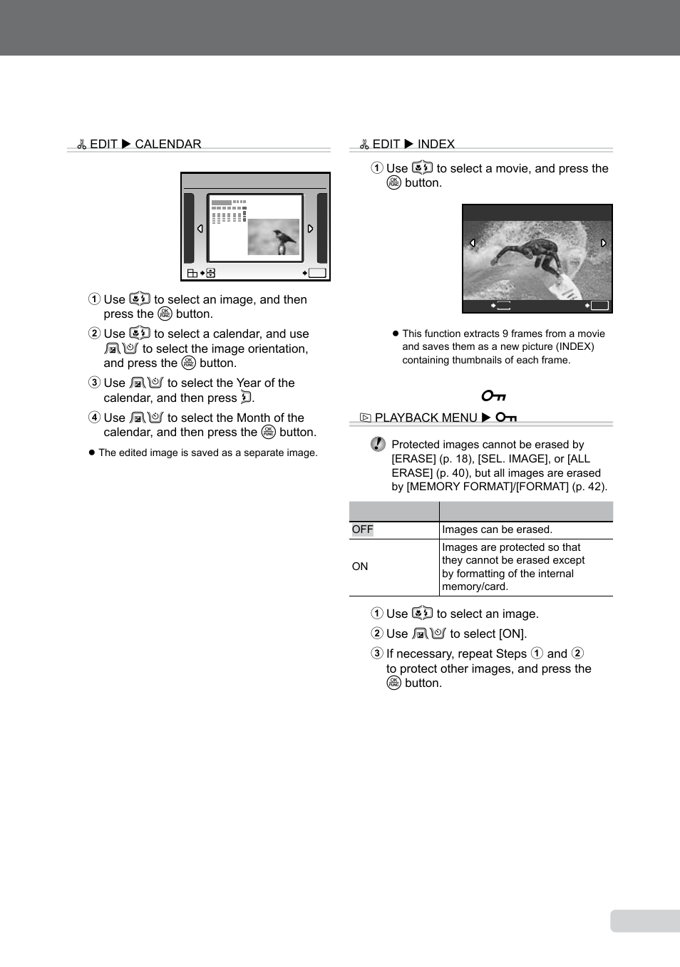 Adding a calendar to an image, Creating an index of 9 frames from a movie, Protecting images | Adding a calendar to an image [calendar, Creating an index of 9 frames from a movie [index, Protecting images [ 0 | Olympus µ TOUGH-8000 User Manual | Page 39 / 82