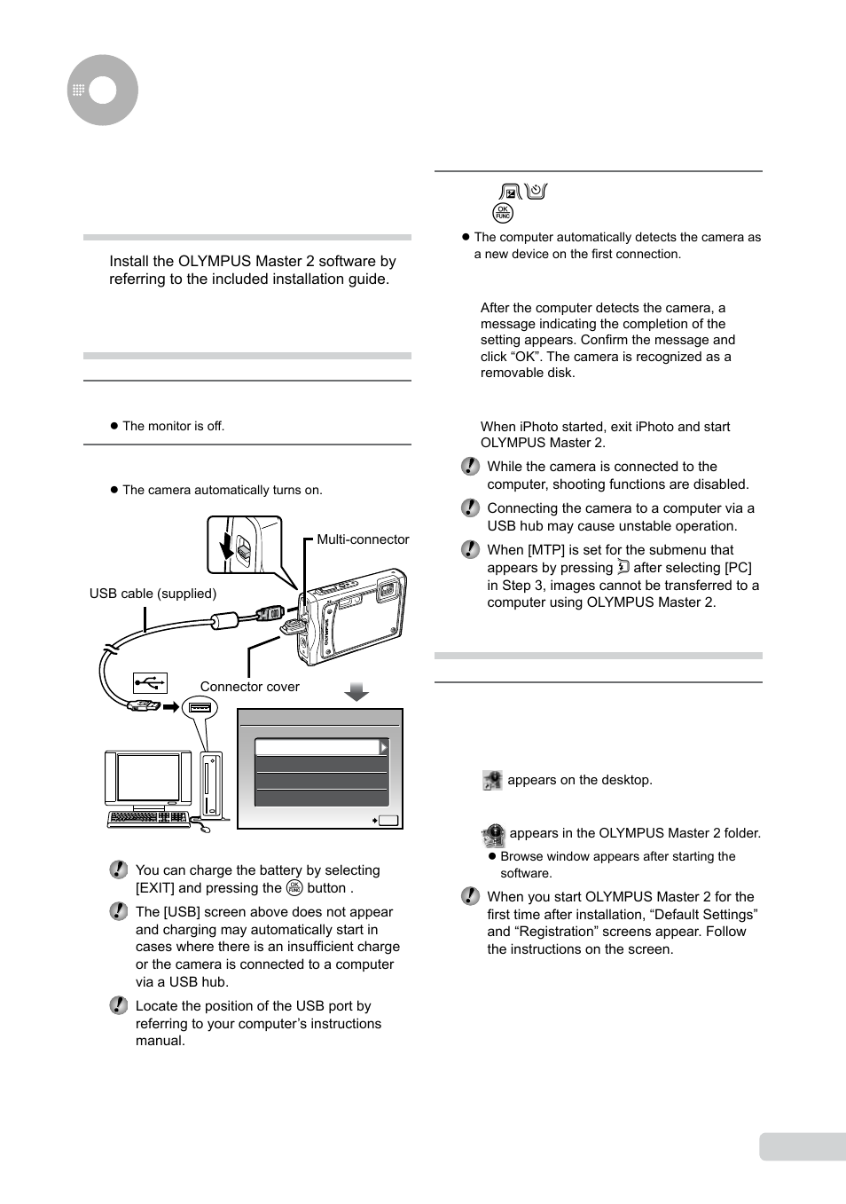 Using olympus master 2, Connecting the camera to a computer, Starting olympus master 2 | Olympus µ TOUGH-8000 User Manual | Page 57 / 82