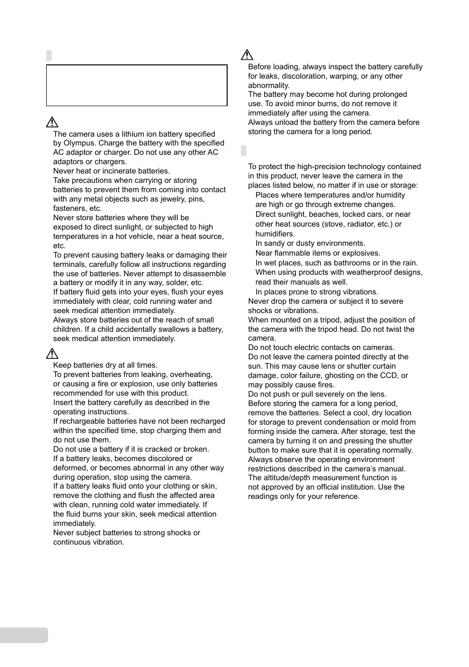 Battery handling precautions, Caution for usage environment | Olympus µ TOUGH-8000 User Manual | Page 72 / 82