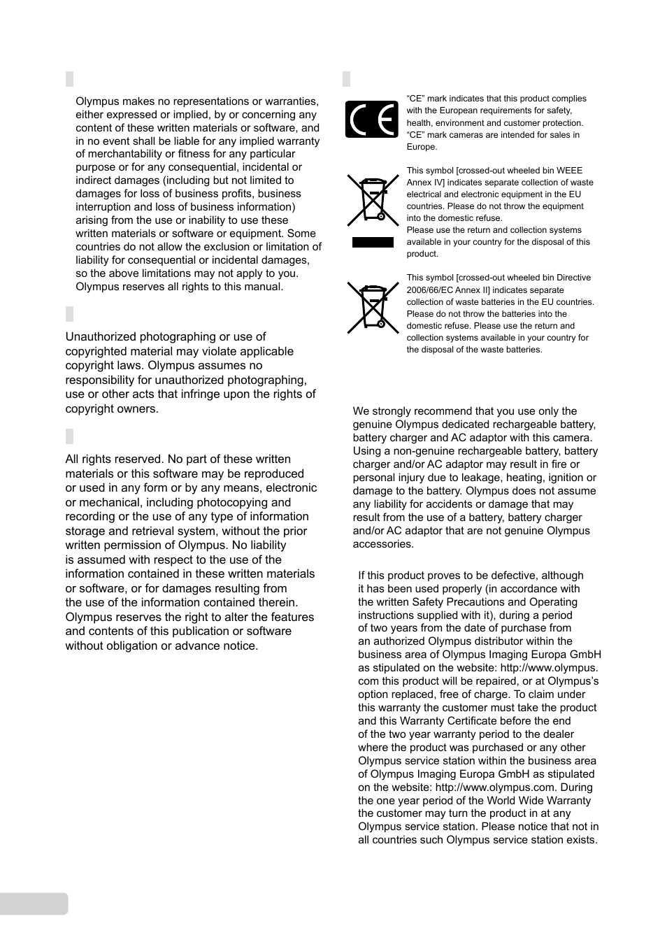 Disclaimer of warranty, Warning, Copyright notice | For customers in europe | Olympus µ TOUGH-8000 User Manual | Page 74 / 82