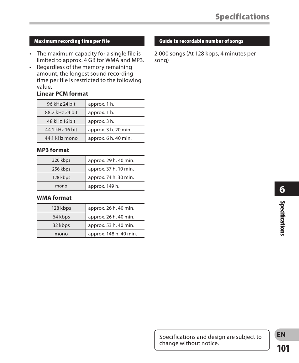 Specifications, En specifi c ations | Olympus LS-3 User Manual | Page 101 / 103