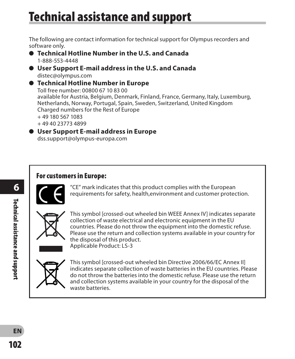 Technical assistance and support | Olympus LS-3 User Manual | Page 102 / 103
