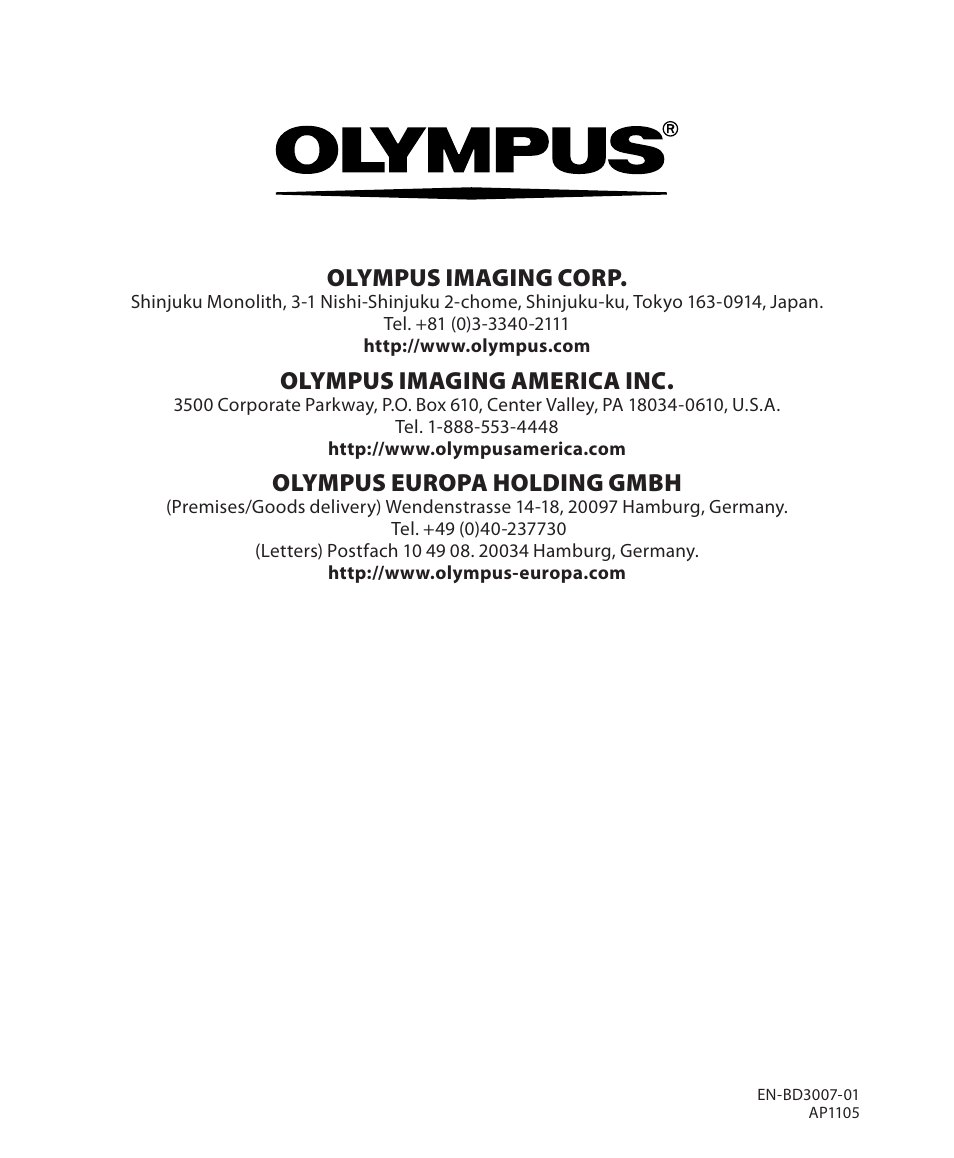 Olympus imaging corp, Olympus imaging america inc, Olympus europa holding gmbh | Olympus LS-3 User Manual | Page 103 / 103