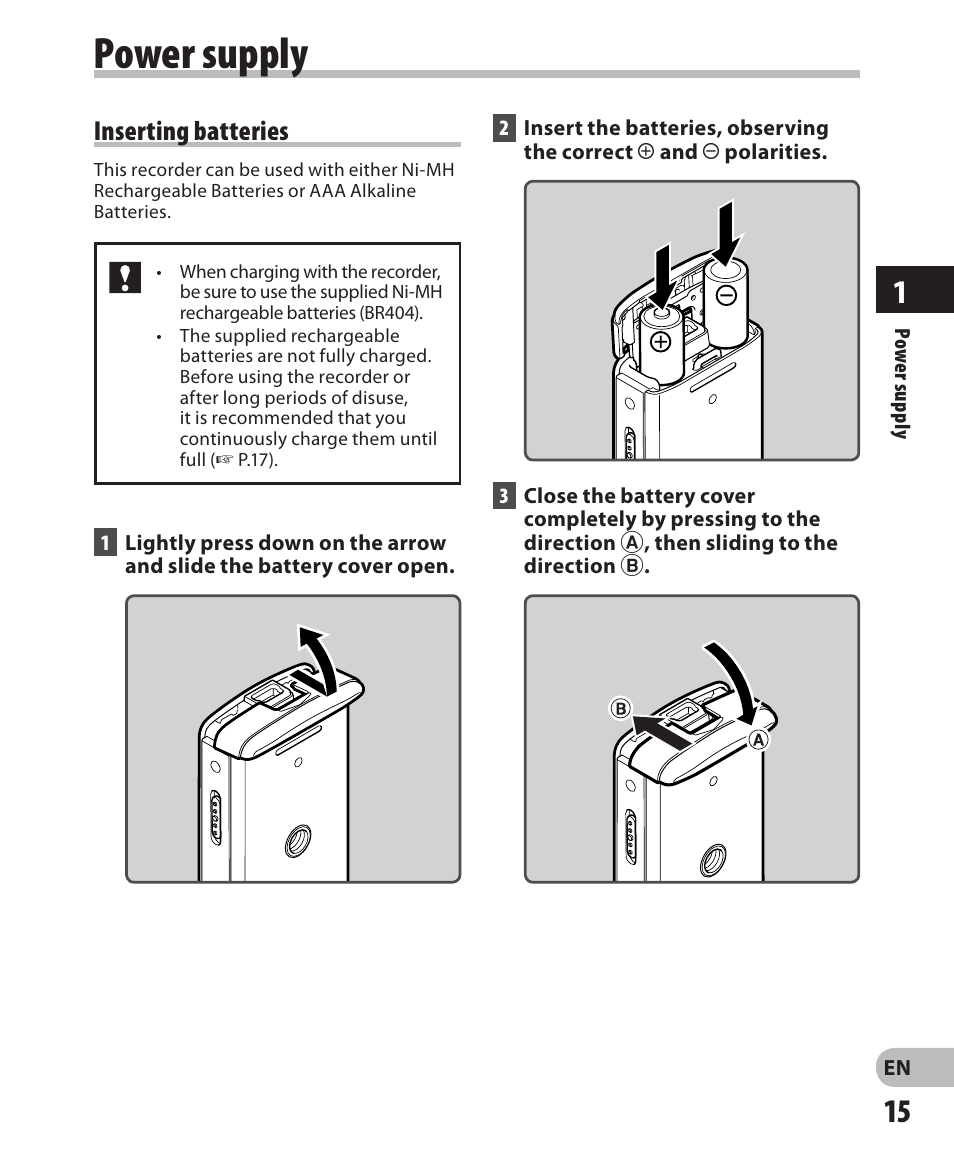 Power supply, Inserting batteries | Olympus LS-3 User Manual | Page 15 / 103