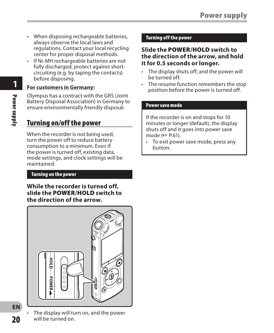 Power supply turning on/off the power | Olympus LS-3 User Manual | Page 20 / 103