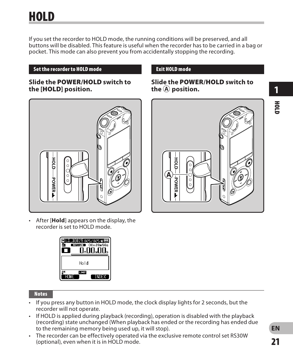 Hold | Olympus LS-3 User Manual | Page 21 / 103