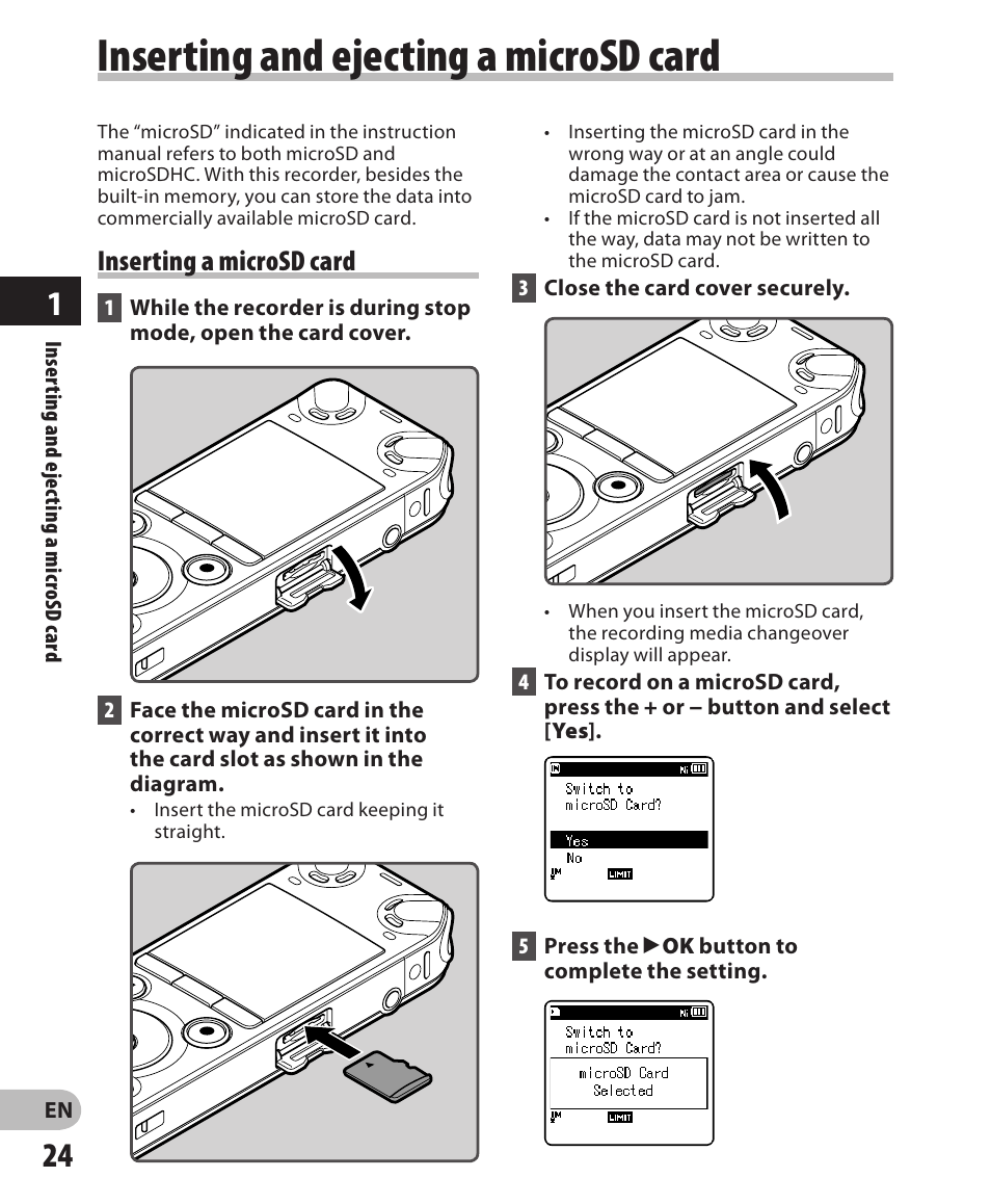 Inserting and ejecting a microsd card, Inserting a microsd card | Olympus LS-3 User Manual | Page 24 / 103
