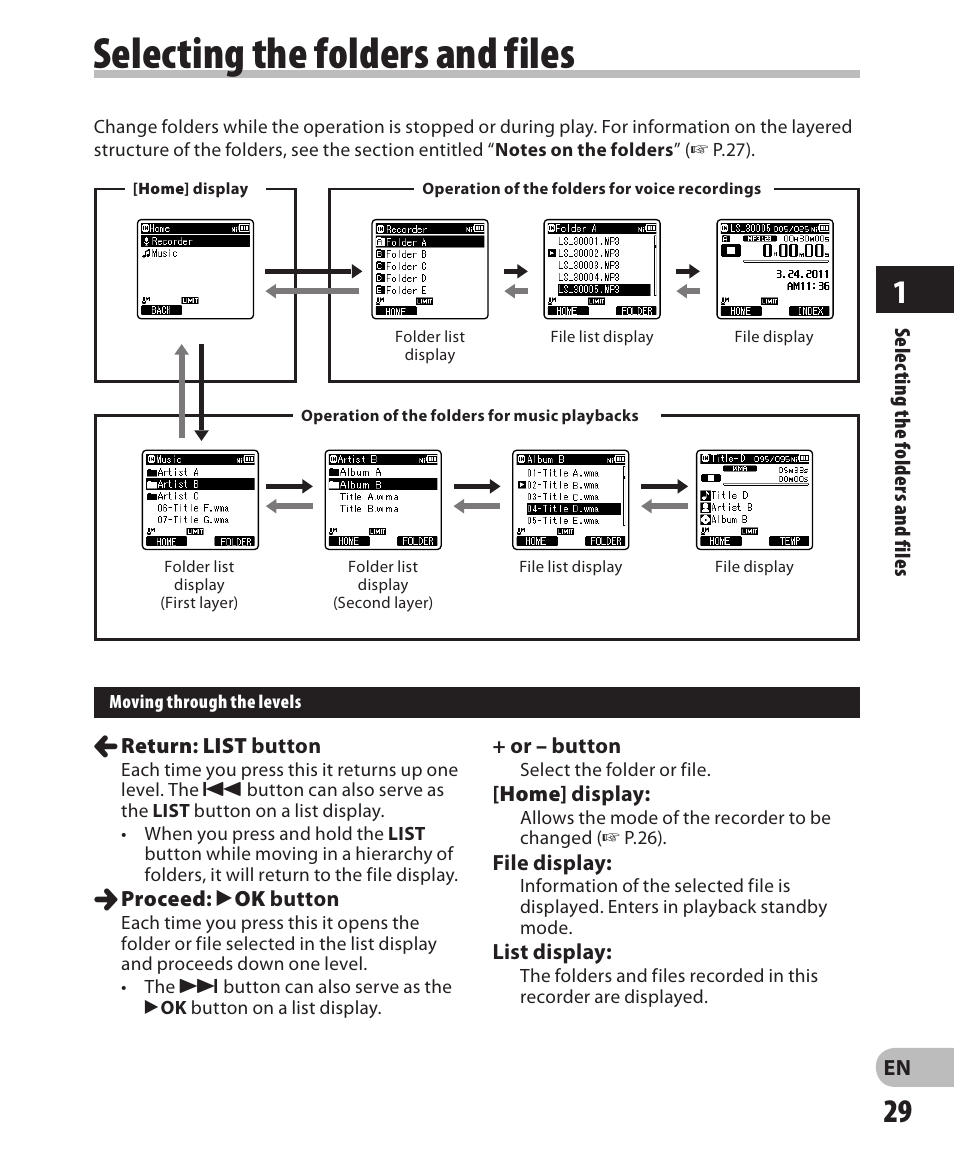 Selecting the folders and files | Olympus LS-3 User Manual | Page 29 / 103